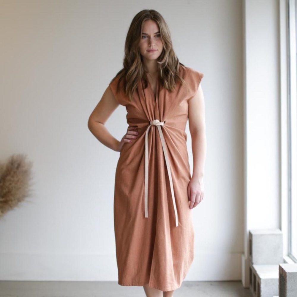 Miranda Bennett linen knot dress - peach/ pink with silk waist tie - one size fi